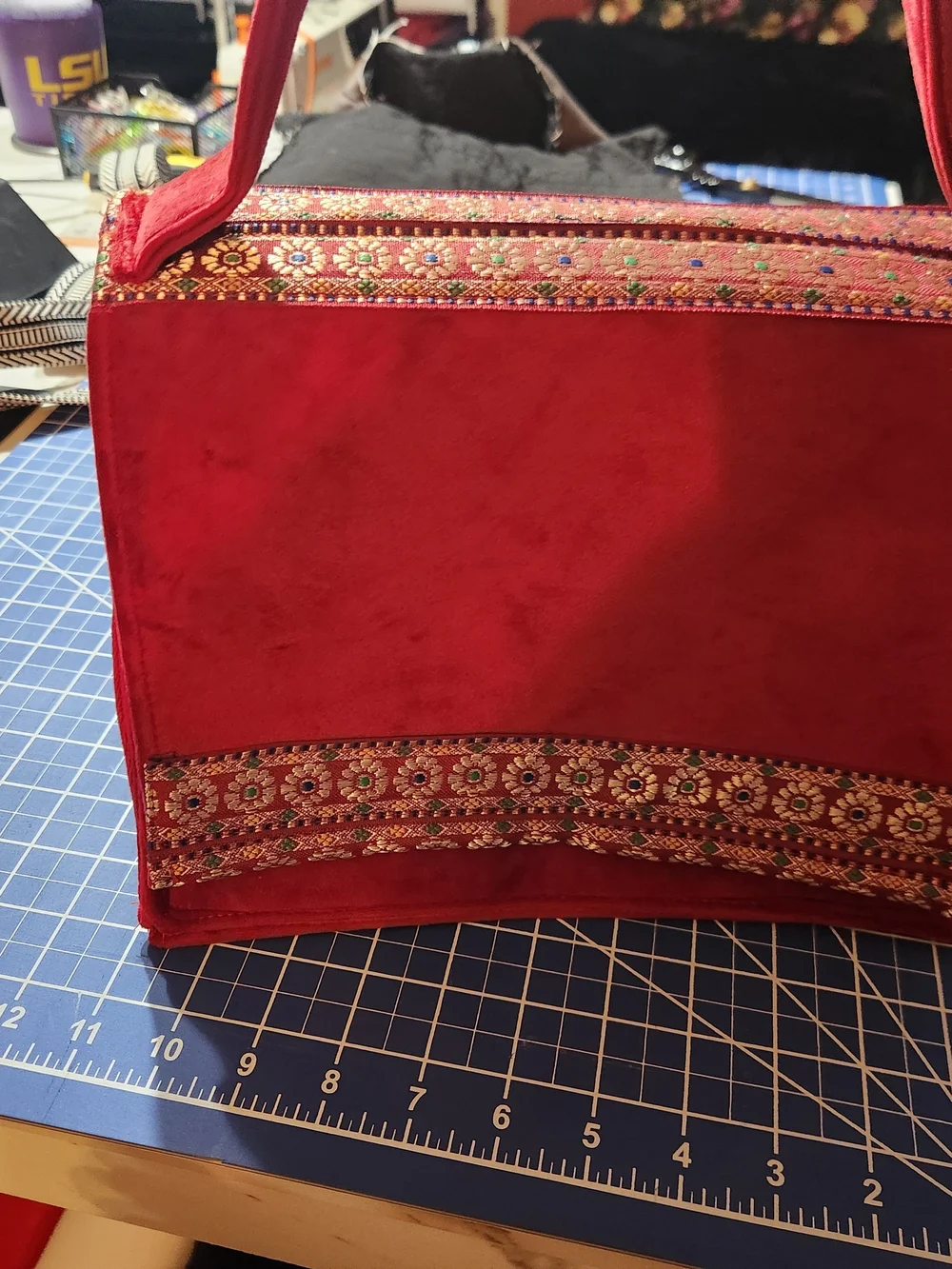 Red Embroidered Box Satchel Handbag